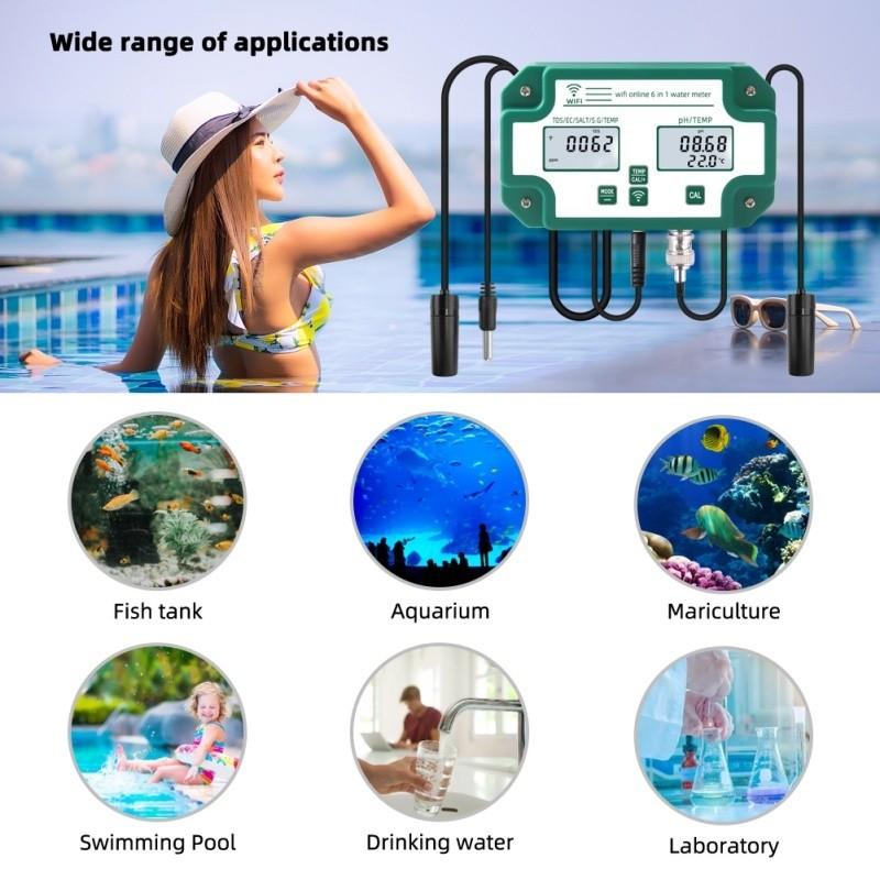 6-in-1 Water Testing Device Multifunction Smart Water Quality Monitor Mariculture Aquarium Digital PH EC TDS SAL S.G.Temp Meter