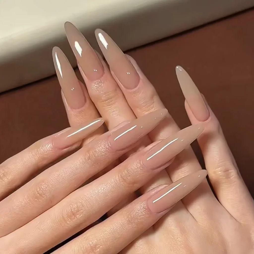 24 Pcs Long Stiletto Almond False Nails With Glue Pure Press On Full Cover Artificial Nail Tips