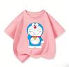 Kawaii Children Short Sleeve Tee Lovely Doraemon Print Soft Crew Neck Casual Daily Summer Outfit For Kids 3 To 14