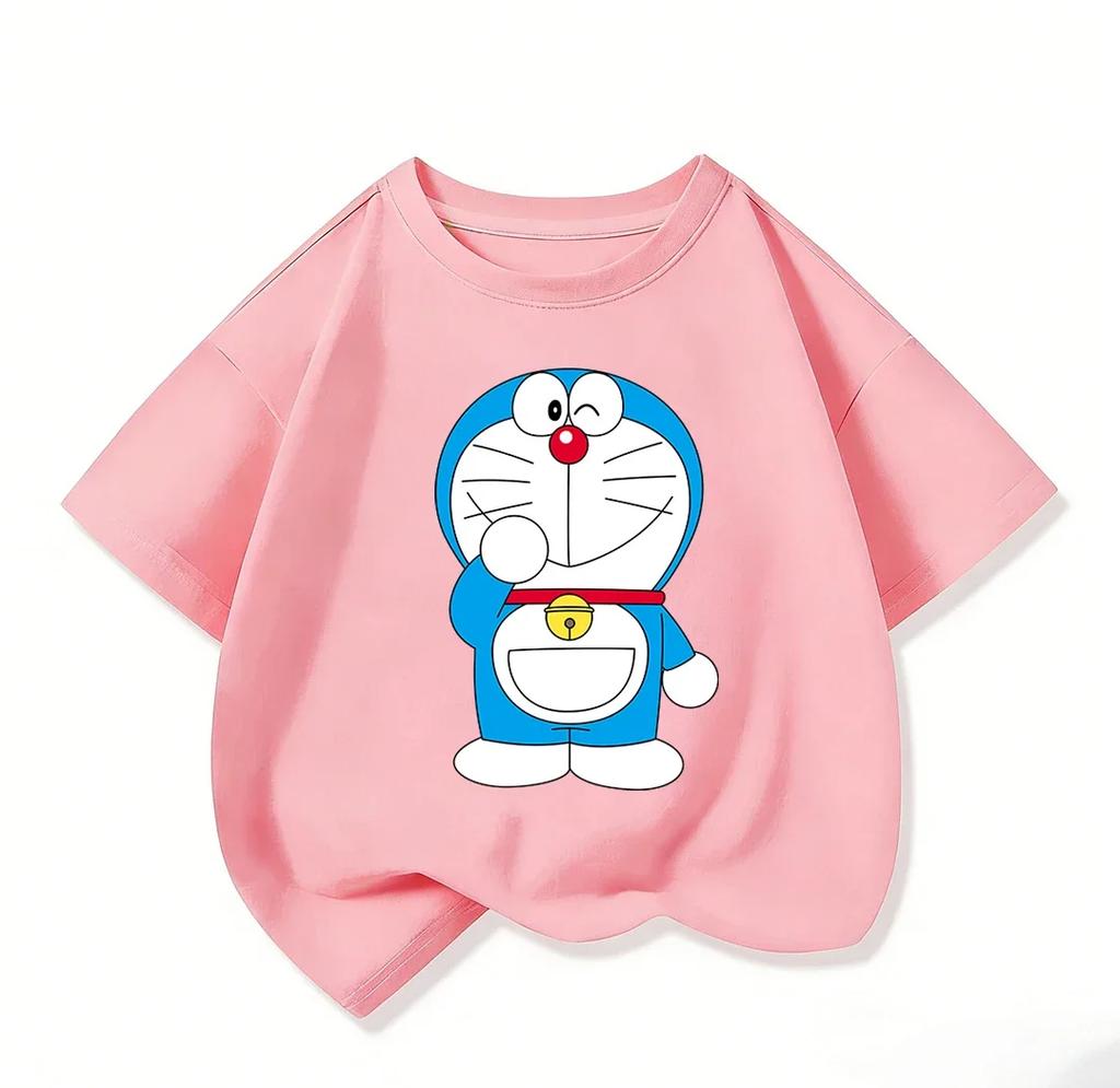 Kawaii Children Short Sleeve Tee Lovely Doraemon Print Soft Crew Neck Casual Daily Summer Outfit For Kids 3 To 14