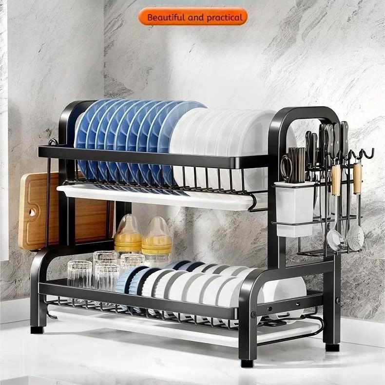 Компактная двухъярусная сушилка для посуды с крылом для сушки и держателем для столовых приборов для столешницы