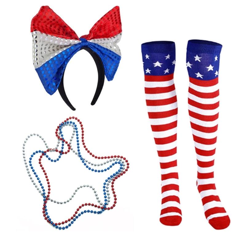 Independance Day Costume Uncle-Sam Accessories Top Hat Sequins Hat Headband Necklaces Stockings for Women & Men
