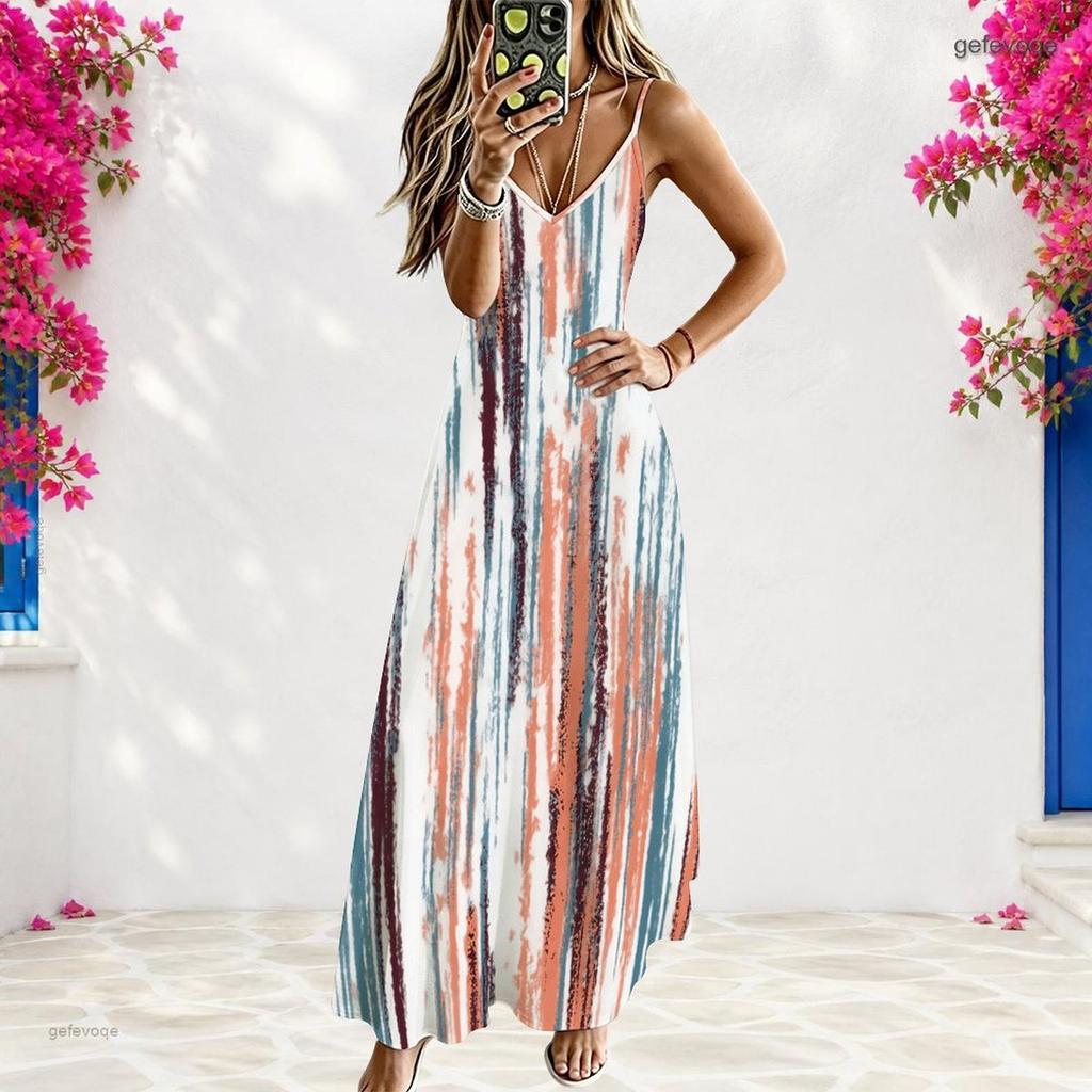 Women Plus Size Off Shoulder V Neck Strappy Sleeveless Printed A Line Maxi Dress