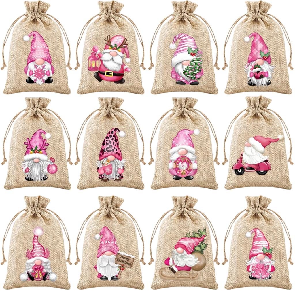 12 шт. Подарочные пакеты для вечеринки, Льняные упаковочные мешки, Рождественские подарочные мешочки