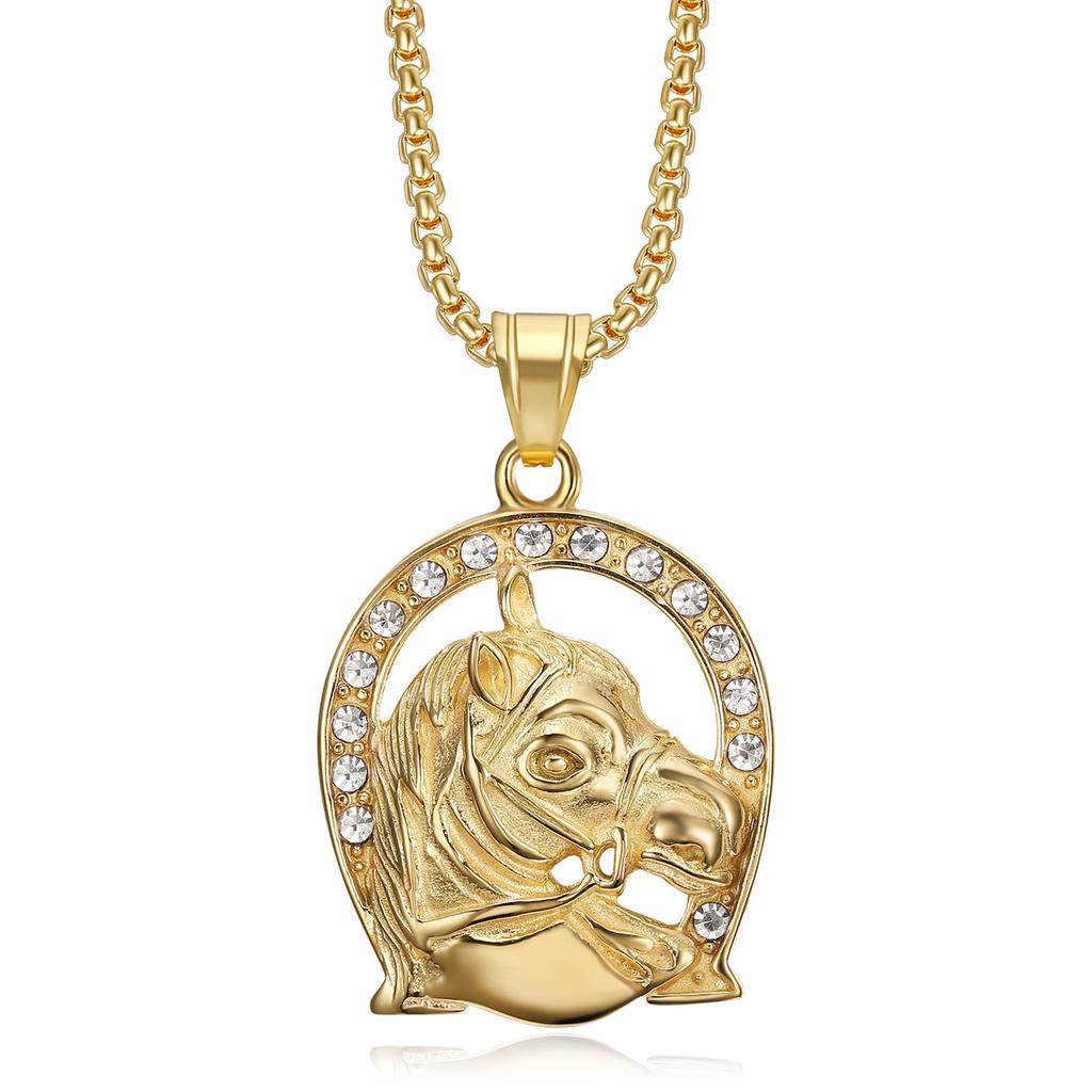 Хип-хоп iced out bling кулон в виде головы лошади золотого цвета из нержавеющей стали, ожерелье-подкова для мужчин, ювелирный подарок Клуба жокеев 2025