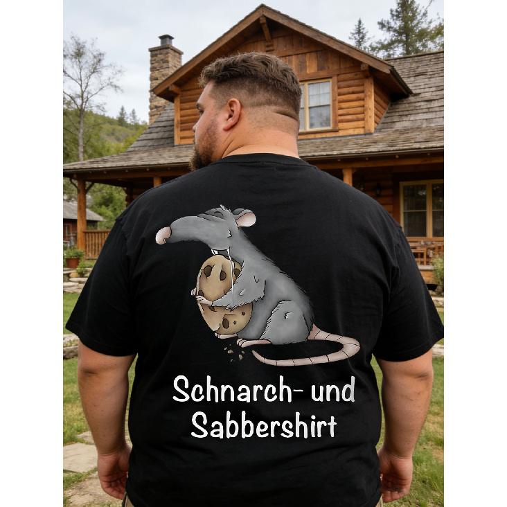 Men's black short-sleeve t-shirt with cartoon rat holding cookie, crew neck, soft cotton feel, humorous graphic design for casual wear and outdoor