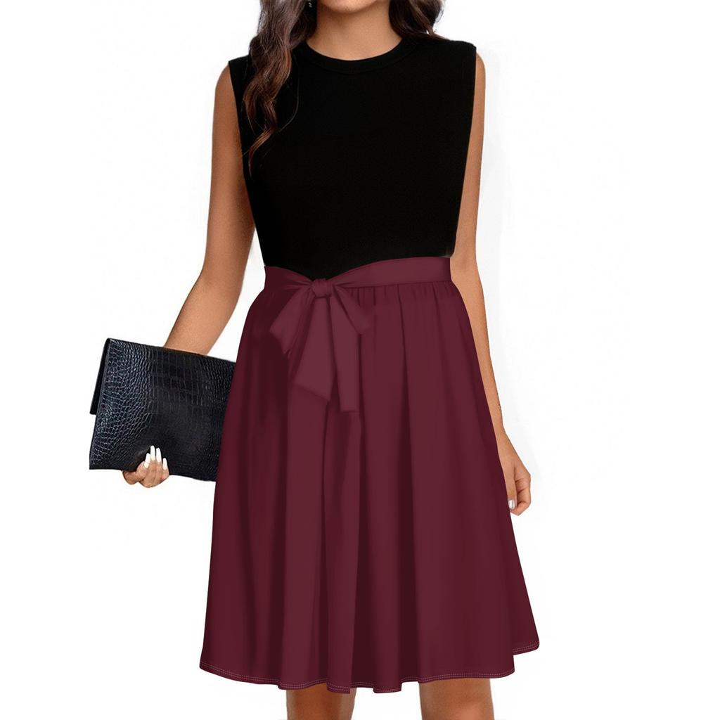 Women's Fashion Casual Lace-up Sleeveless Round Neck Splicing Short Dress