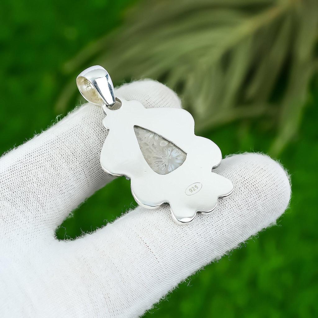 Natural Fossil Coral Sterling Silver Sister Ethnic Art Deco Root Chakra Pendant