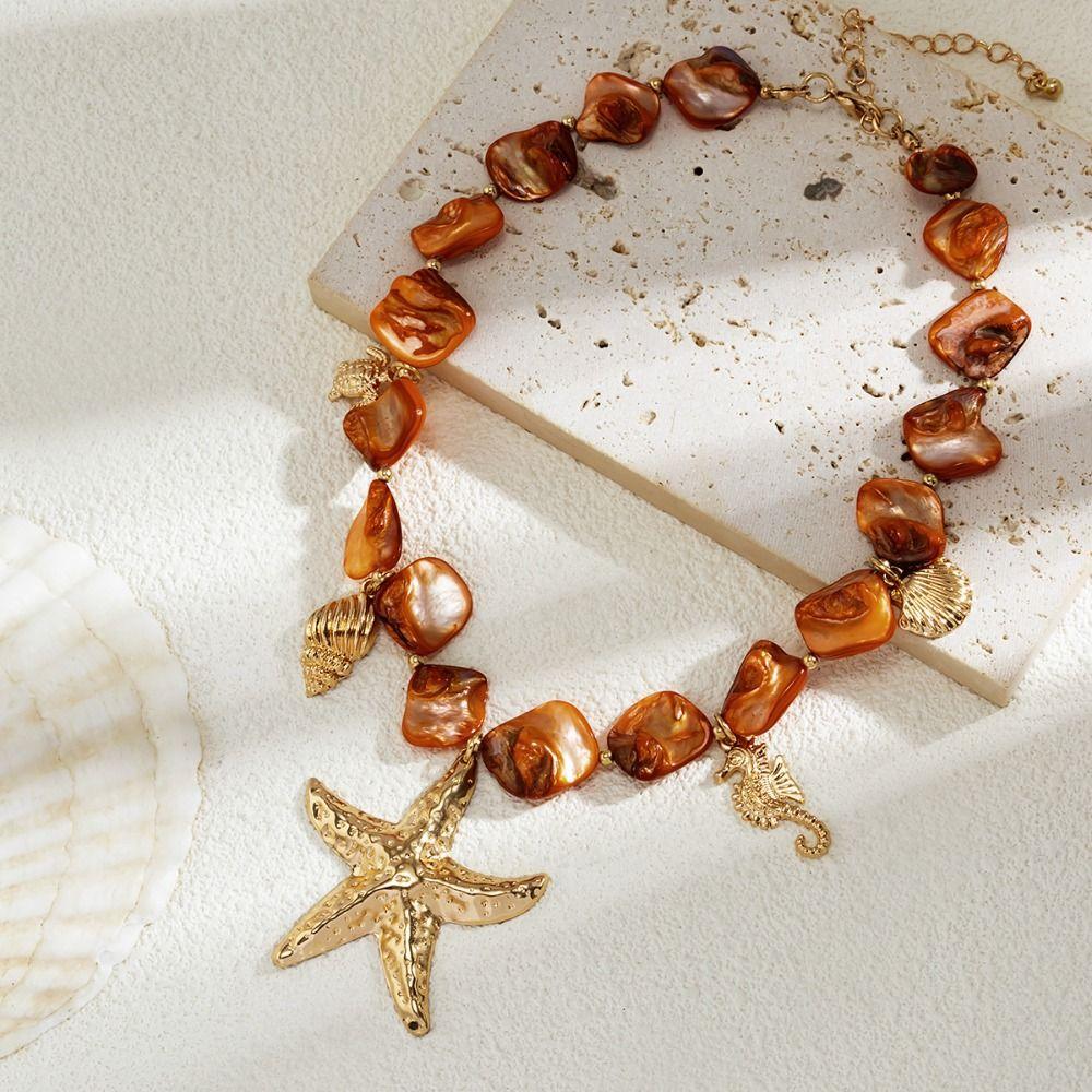 Bohemian Starfish Beaded Necklace Sea Series Shell Beaded Chain  Women