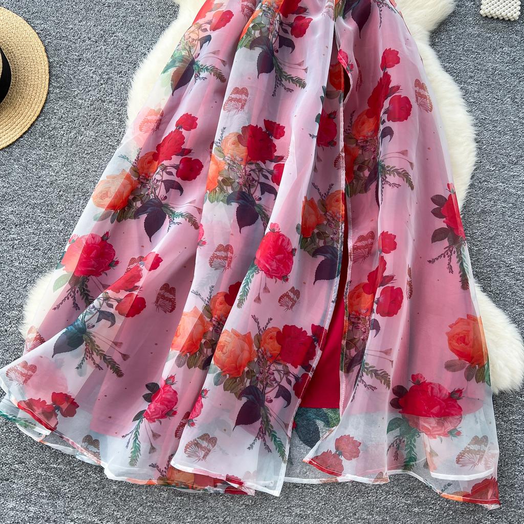 Летнее великолепное платье из органзы с цветочным принтом, женское платье на одно плечо с бантом и цветочным принтом, с высокой талией, в стиле бохо, с длинным разрезом