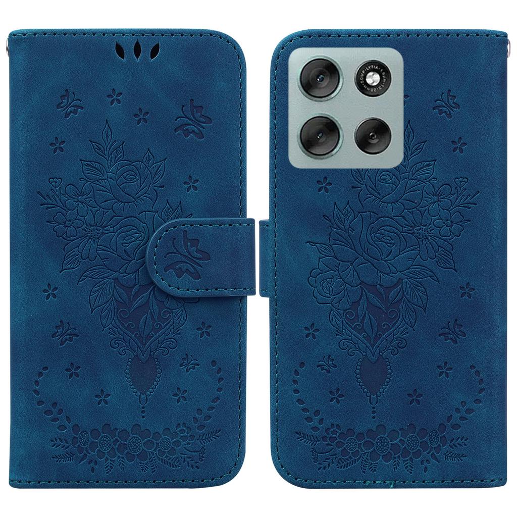 For Motorola Moto G56 5G Case Butterfly Flower Imprint PU Leather Wallet Phone Cover with Strap