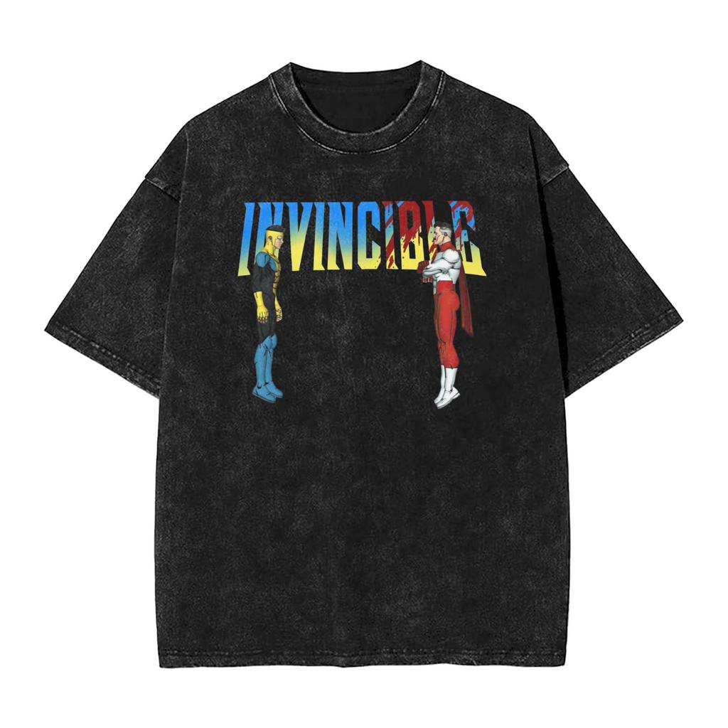 Vintage Washed Oversized TShirt InvincibleSuperhero Print Cotton Casual Short Sleeve Retro Streetwear Tee for Men Women