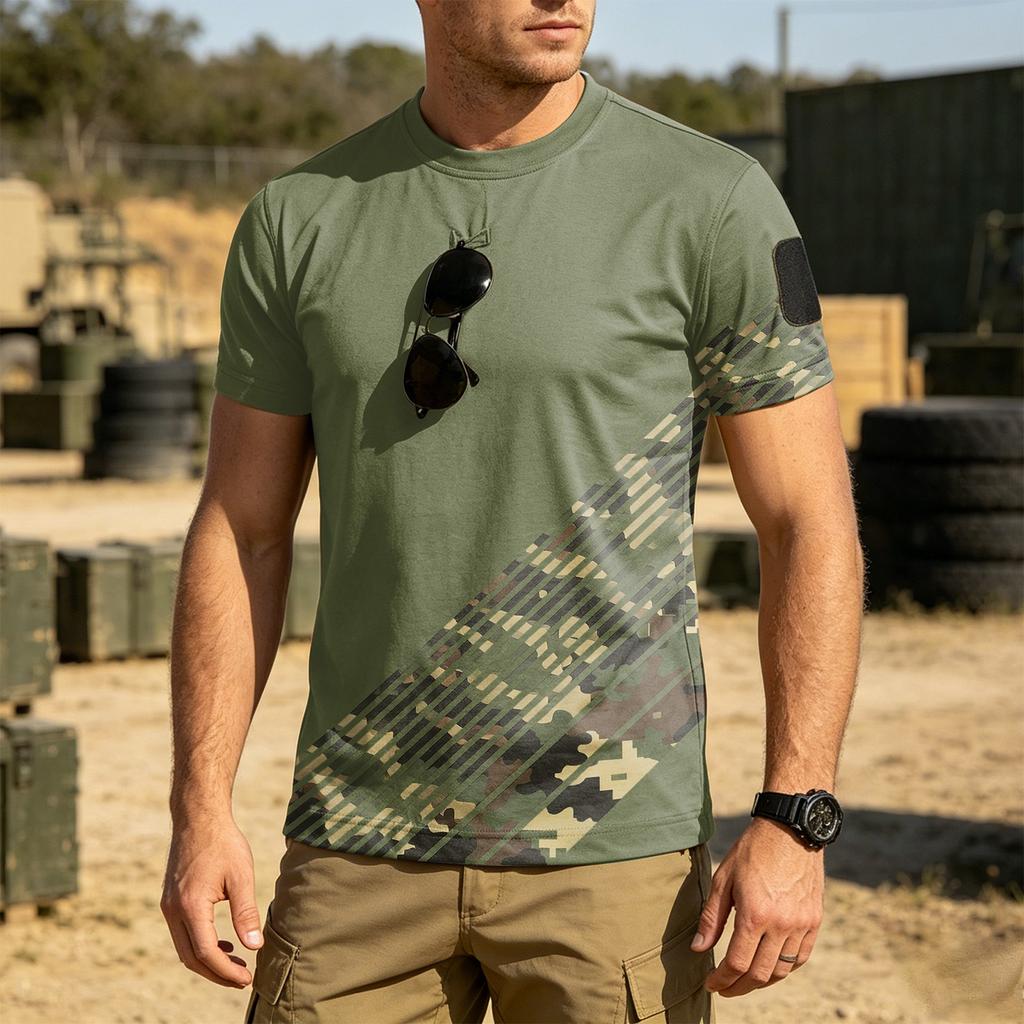 Men Tactical Crew Neck Loose Fit Breathable Outdoor Quick Dry T Shirt with Camouflage Print and Hook Loop Patch Design