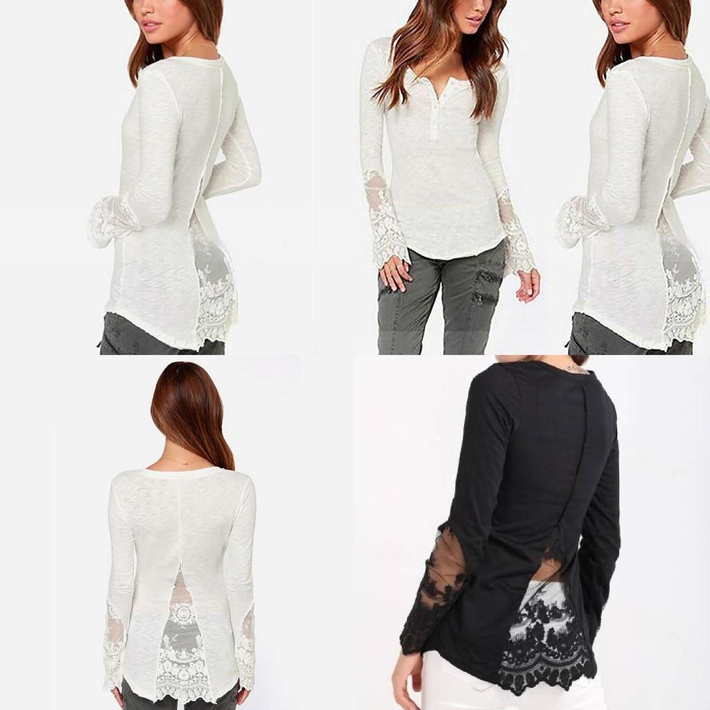 Elegant Lace Stitching Women's T-shirt Slim Fit Long Sleeve Cotton Top