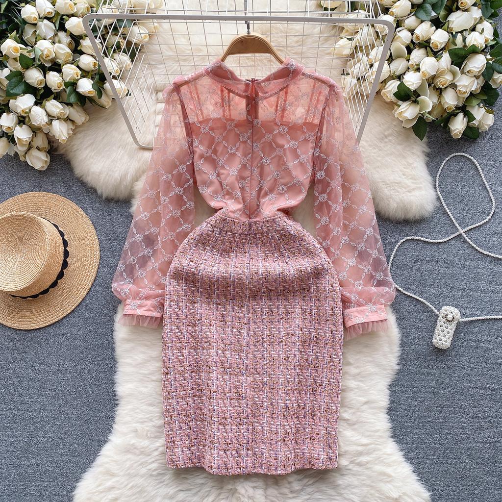 Новые весенние женские сетчатые твидовые вечерние платья в клетку с вышивкой, роскошное розовое мини-короткое платье с вышивкой бисером и бриллиантами