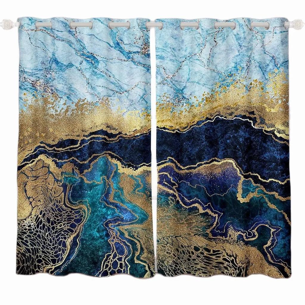 3D Modern Classic Marble Green Gold Elegant Gray 2 Panel Thin Shading Polyester Window Curtain for Bedroom Living Room Decor