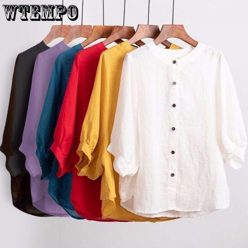 WTEMPO Брендовая модная повседневная хлопковая льняная рубашка с рукавами-фонариками в стиле ретро, литературный топ, свободная женская рубашка с тонкими средними рукавами и большими ярдами
