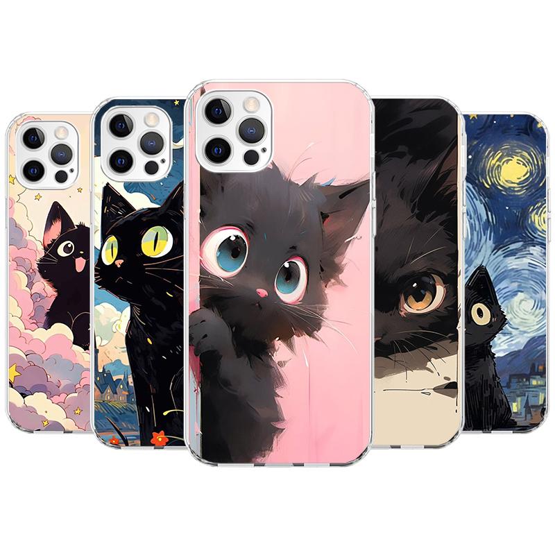 Чехол для телефона с милым черным котом, мяуканьем для Apple iPhone 11, 12, 13, 15, 14 Pro 7 XR X XS Max 8 Plus + Mini SE, мягкий чехол с индивидуальным принтом