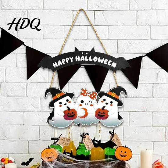Festival Hanging Sign Happy Halloween Ghost Door Sign, Wooden Three Entrance Plaque Hanger, Front Wall Party Supplies Boxwood Pendant