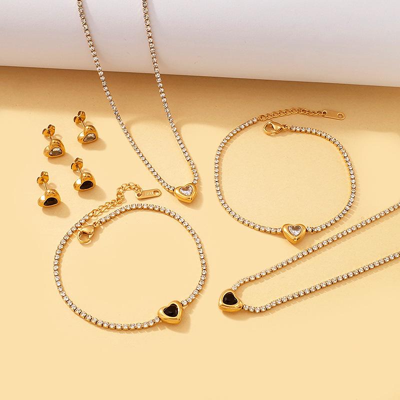 Fashion Love Heart Zircon Jewelry Set, Stainless Steel Necklace Bracelet Stud Earrings, Luxury Versatile Women's Jewelry Bulk