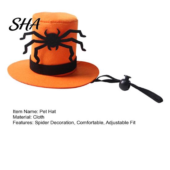 Teddy Dog Hat Halloween Cat Top Hat, Orange with Adjustable Strap, Slip-resistant Black Spider for Small Dogs Festive Party Costume