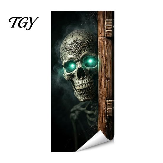 Halloween Yard Horror Accessories Wall Stickers Trash Can Decal Stickers, Spooky Skull Ghost Durable Facade Decals for Outdoor Garbage Cans,
