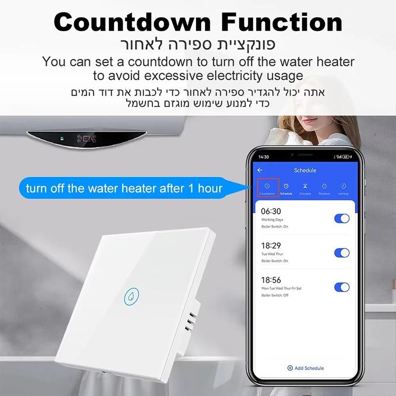 Tuya WiFi Smart Water Heater Switch 20A/40A High Power Touch Wall Panel with APP Remote Timer and Voice Control for Boiler AC Alexa Google
