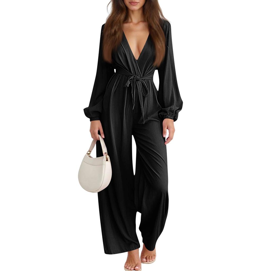 Женский модный сексуальный стиль с глубоким V-образным вырезом, длинными рукавами, однотонный, для ношения с брюками широкого кроя, комбинезон