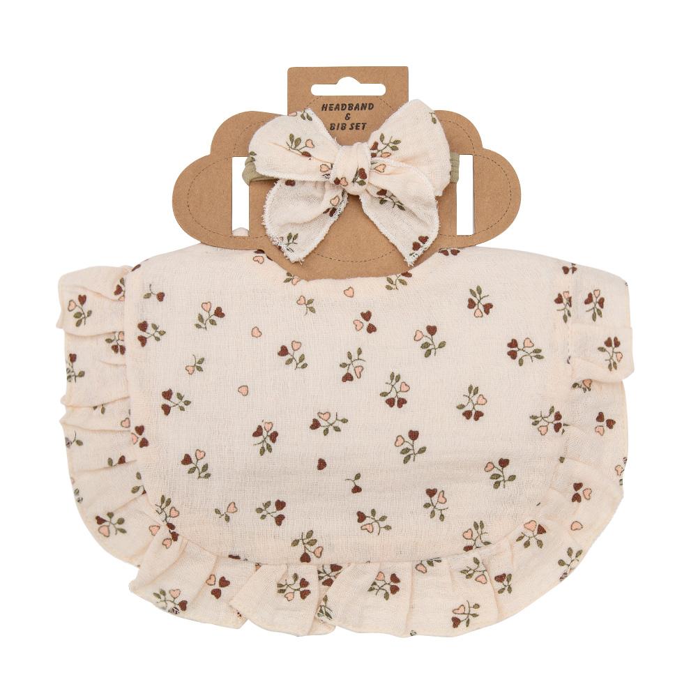 2Pcs/Set Ruffled Edge Muslin Cotton Baby Bibs Hair Bows Girls Headbands Flower Print Saliva Towel Feeding Burp Cloths Scarf