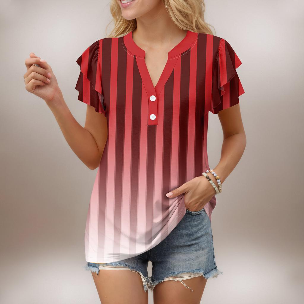 Женский повседневный топ с короткими рукавами, застегивающийся на пуговицы и V-образным вырезом, с градиентными оборками и принтами
