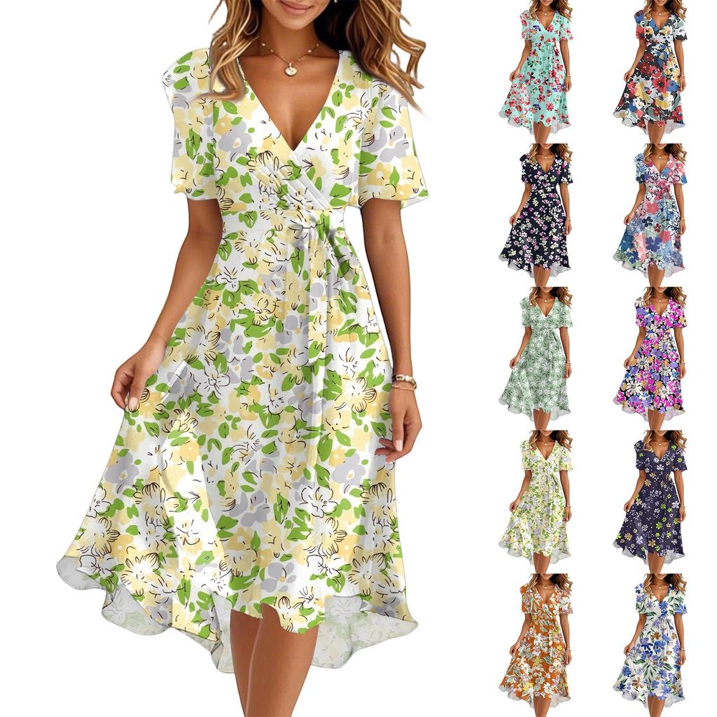 Women's Summer Fashion V-Neck Flared Dress Short Sleeve Floral Dresses