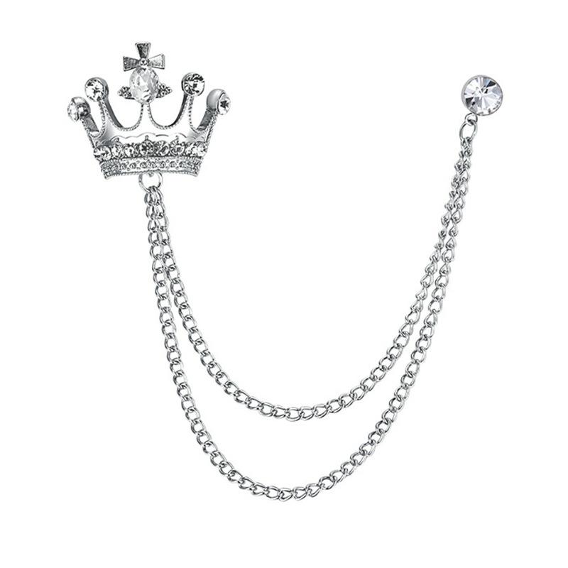 Crystal Men Brooch Pin Crown Fashion Collar Pins Suit Lapel Wedding Gift Jewelry Cross Chain