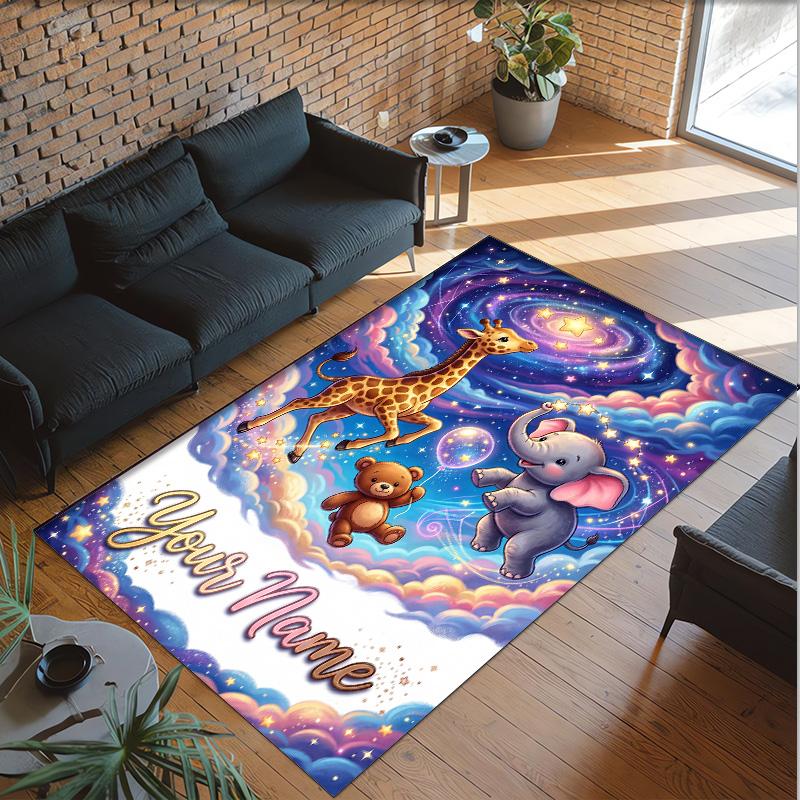 Teddy Bear Theme Crystal Velvet Rug Personalized Custom Name Text Soft Floor Mat Home Decor