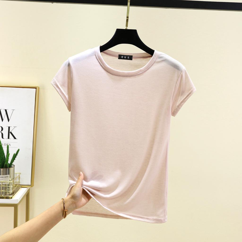 O-Neck Short Sleeve Tshirts Slim Fit Solid Color Summer Thin T-shirt Woman Bottomed Tee Tops All Match
