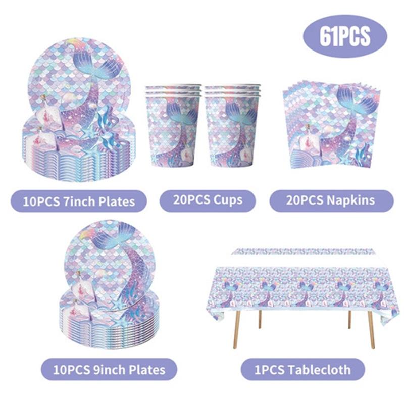 Mermaid Birthday Party Decorations Tableware Set Paper Cups Plates Tablecloth Backdrop Birthday Theme Event Supplies For Kids