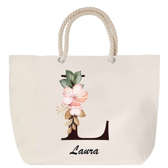Sac de plage - PLANETEE - Laura - Lettre Fleur - Anse corde - Grand format