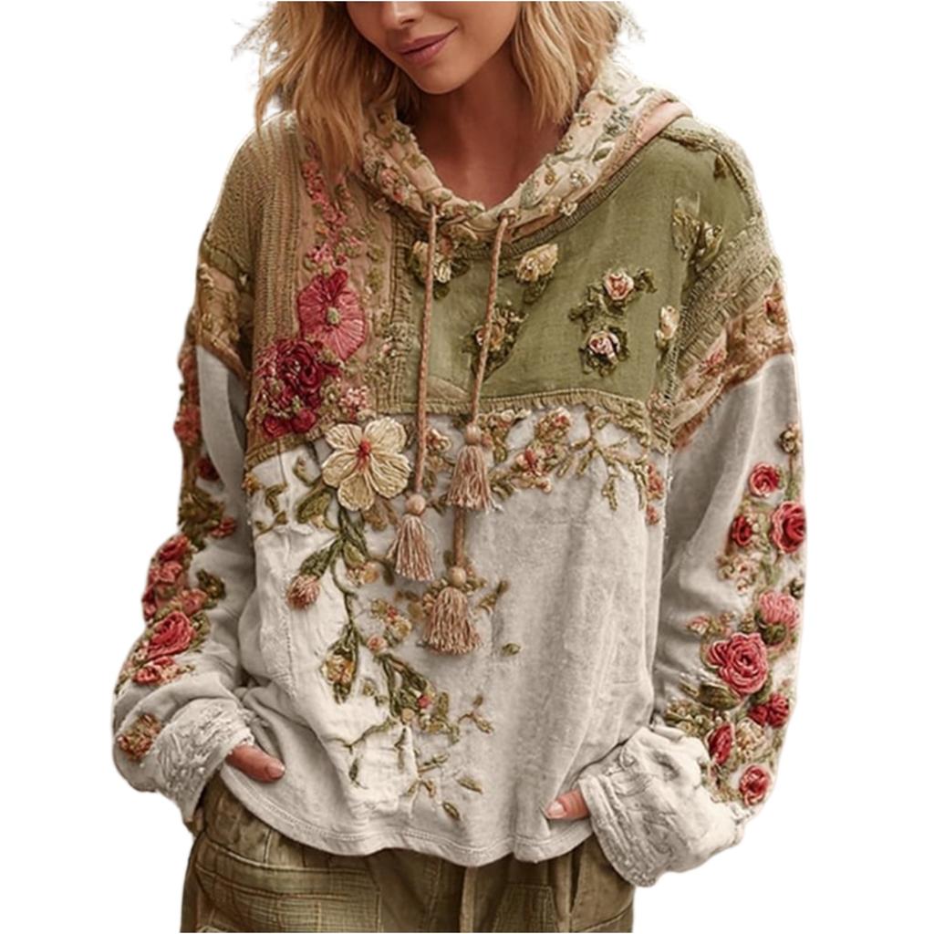 Женский модный худи с длинными рукавами в винтажном стиле, пэчворк, с цветочным принтом, повседневный