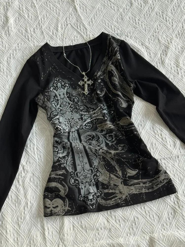 VAYLA Винтажные готические футболки Y2k Черная панк-футболка с графикой Гранж Ретро Сексуальные футболки с V-образным вырезом Хлопковые футболки Aefashion одежда Харадзюку Топ