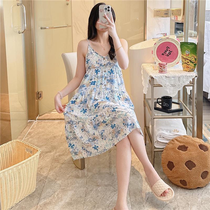Pajamas for women's summer small men wear drapes, high-end suspenders, long vacation skirts, spring and autumn cotton and silk skirts