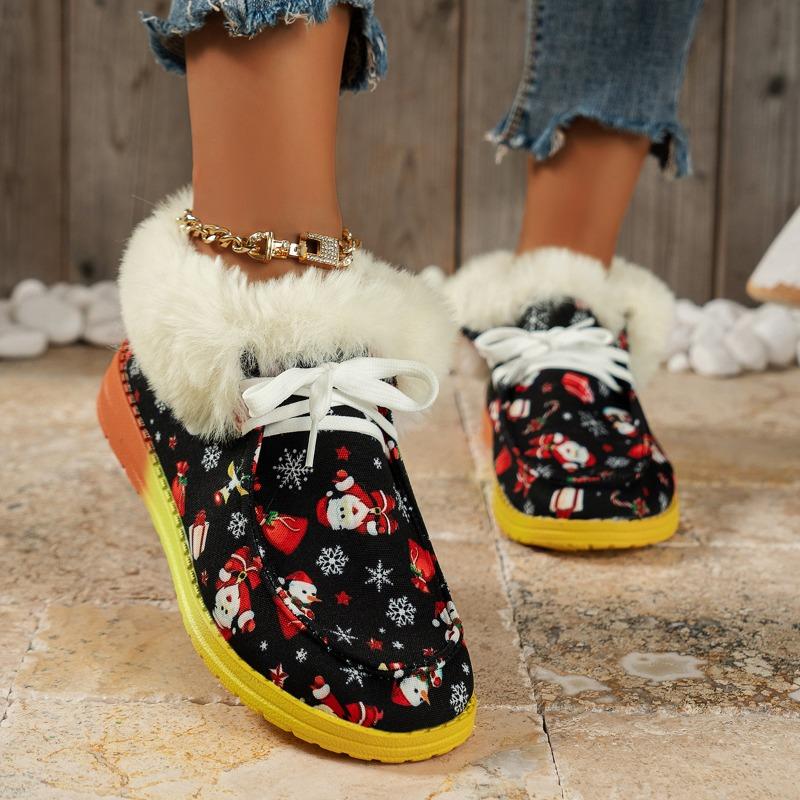 New large size cotton shoes women's snowflake Santa Claus flat casual shoes autumn and winter single shoes