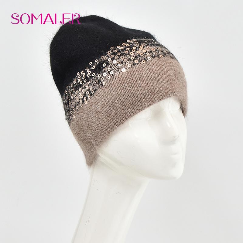 SOMALER Зимние шапки для женщин Теплая вязаная шапка из ангоры Модная шапка-бини с пайетками Толстая длинная шапка-ушанка из кроличьего меха