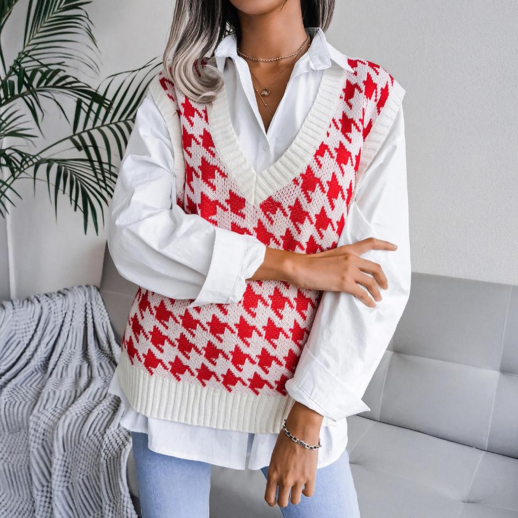 College Style Casual Loose Knit Vest Fashion Women's Houndstooth V-neck Sweater
