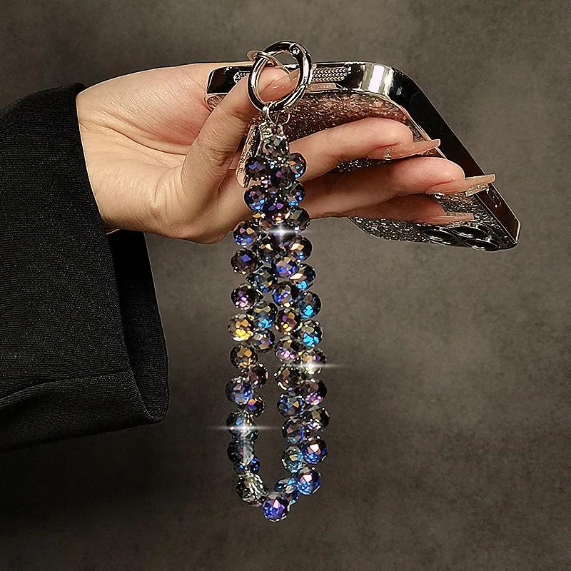 Luxury Sparkling Diamond Crystal Bead Wrist Strap Portable Chain Short Hanging Phone Charm Clip For Universal Use On Phone Cases