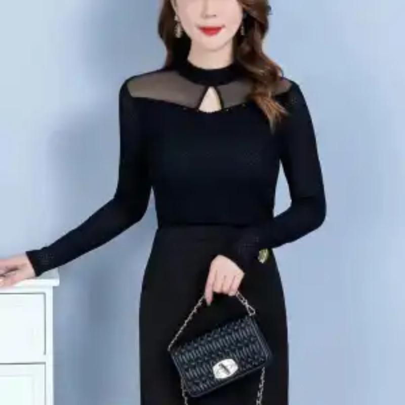 Velvet Thickened Long Sleeve Mesh Base for Women's Autumn and Winter 2025 New Loose Temperament Splicing Top Underwear T-shirt