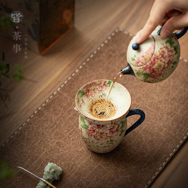 New Chinese style gold-painted peony tea leak integrated tea brewing artifact tea filter porcelain hole funnel kung fu ceramic tea compartment