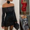 Women Evening Dress Off Shoulder Bandeau Slim Fit Sheath Shiny Sequin Long Sleeves Prom Party Mini Dress Star Celebrity Short Dress