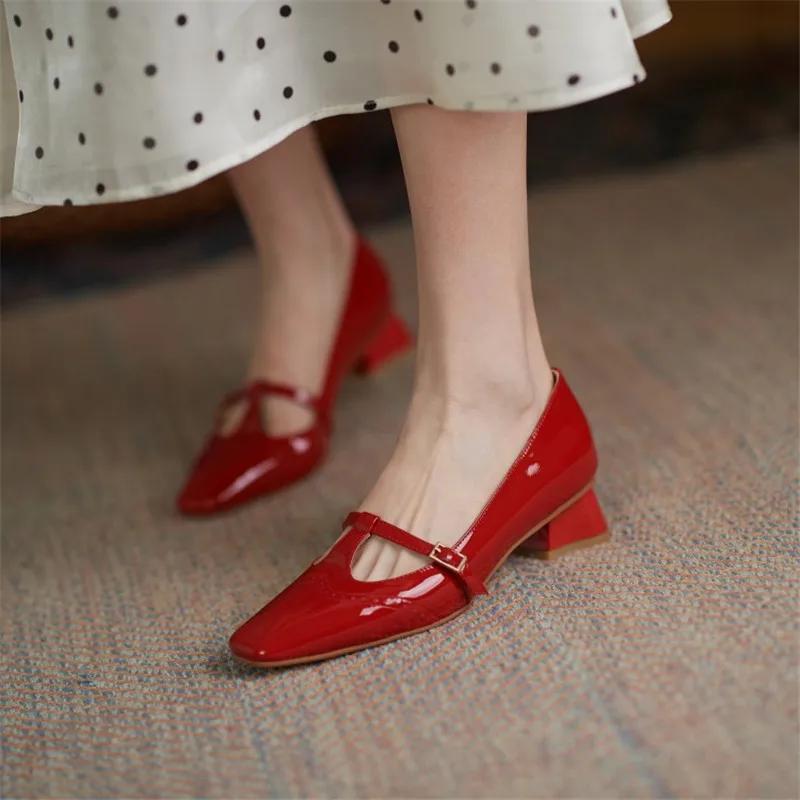 Fashion 2025 Spring Women Shoes Patent Leather Solid Color T-shaped Buckle Square Toe Chunky Heel Versatile Single Shoes Item No.1302