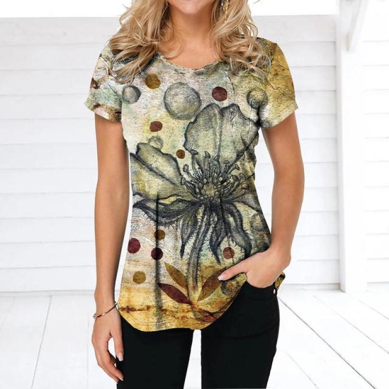 Летняя женская футболка в стиле ретро с цветочным принтом, повседневная повседневная футболка, обычный пуловер для женщин, женская одежда с коротким рукавом и круглым вырезом