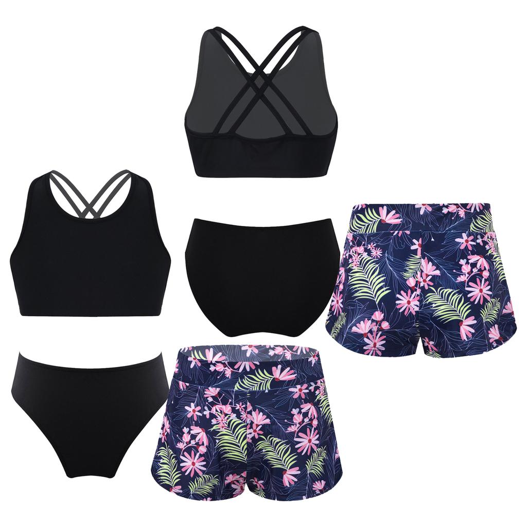 Детский комплект танкини для девочек, спортивный купальник, жилет, топ с шортами и трусами, танцевальная гимнастика, купальная одежда