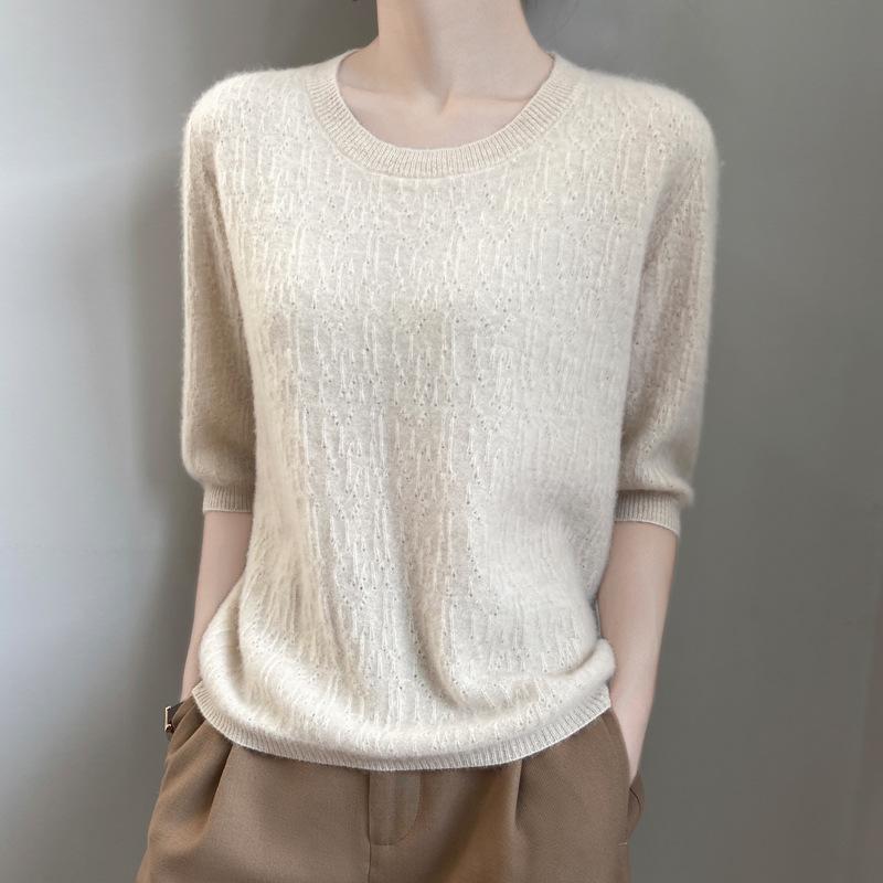 Весенний новый вязаный свитер женский с коротким рукавом, пуловер с круглым вырезом, тонкий топ с рукавом три четверти, больших размеров, базовая футболка